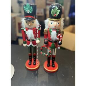 Lot Of 2 Wooden Christmas Nutcracker,15", MALE SOLDIER W/WREATH & CANDY CANE
